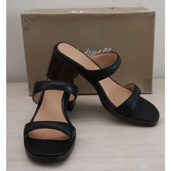 Madewell Women's Sz 8M Black Leather The Saige Double Strap Heeled Sandals - Picture 1 of 11